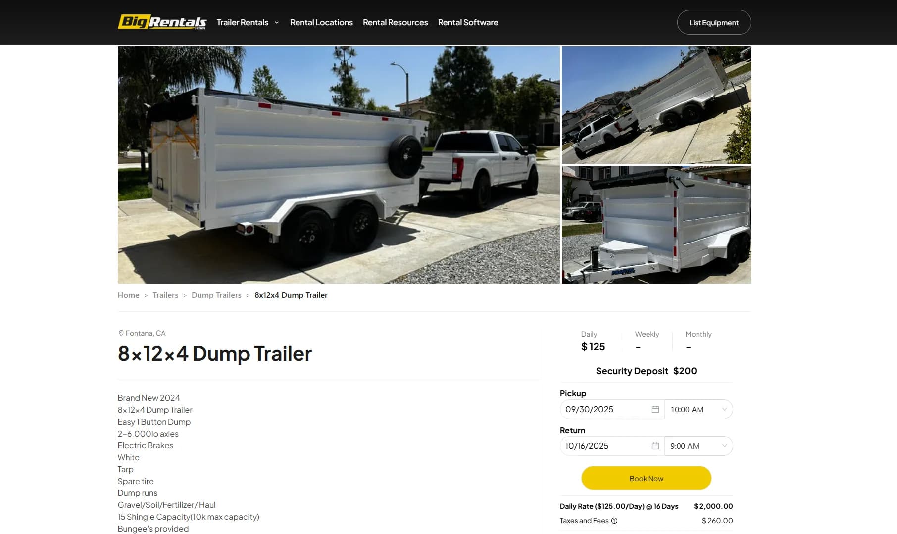 BigRentals listing results grid with trailer cards